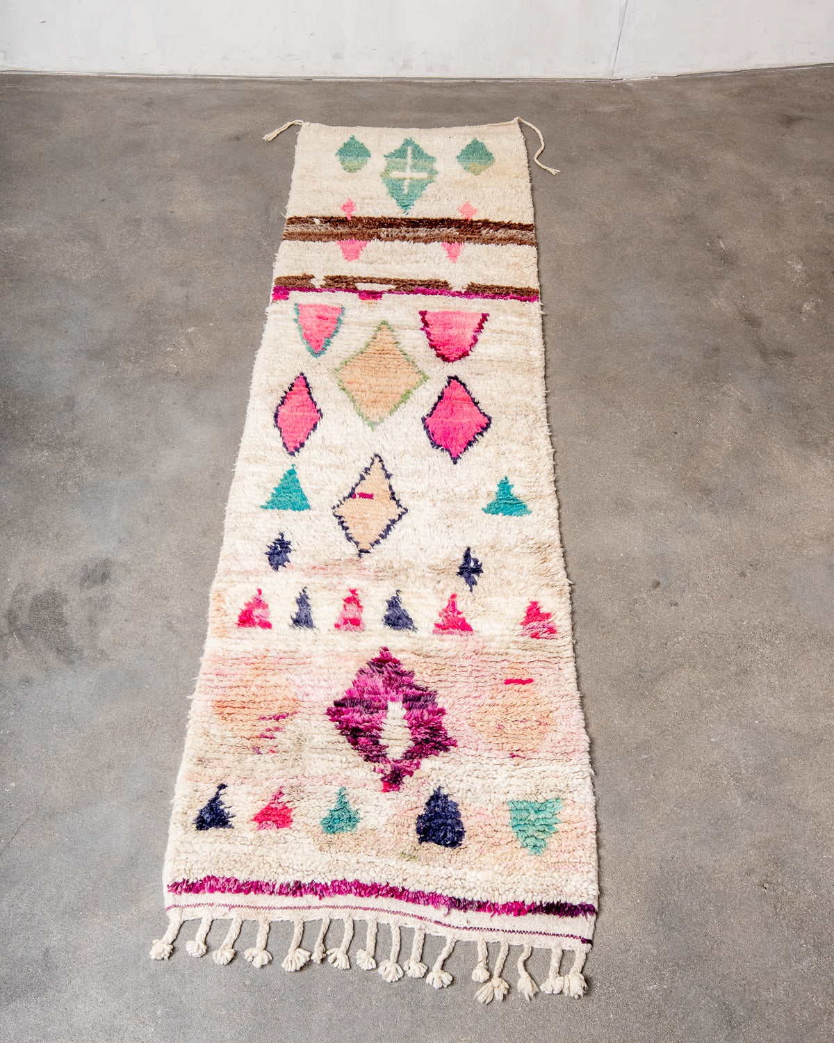 Modern, designer, handcrafted Berber runner rug from Morocco. Vintage carpet with beautiful colours and patterns and fluffy texture.